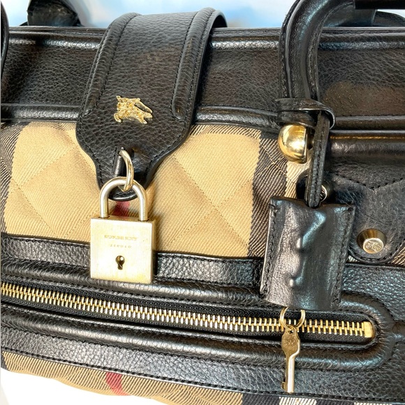 Burberry Manor Satchel Nova Check Black Leather Trim Tote Bag Authentic - Picture 11 of 16